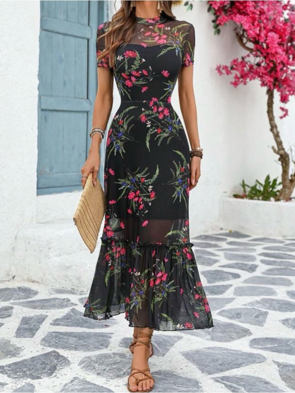 Black Floral Mesh Maxi Dress with Short Sleeves